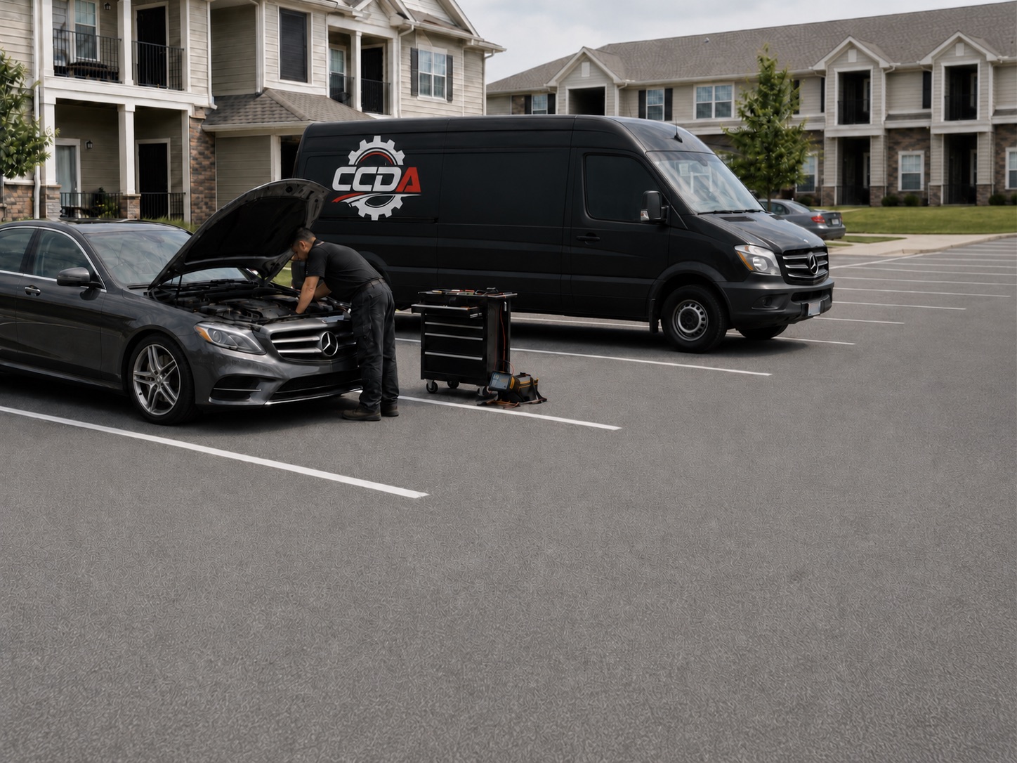 Circle City Diesel mobile mechanic servicing a Mercedes beside a branded service van in Indianapolis